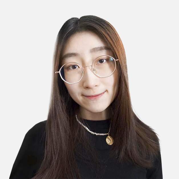 The headshot of Zhao Ziai. It features a person wearing octagonal glasses and a necklace staring serenely at the camera. The person is young and has long, brown hair.

