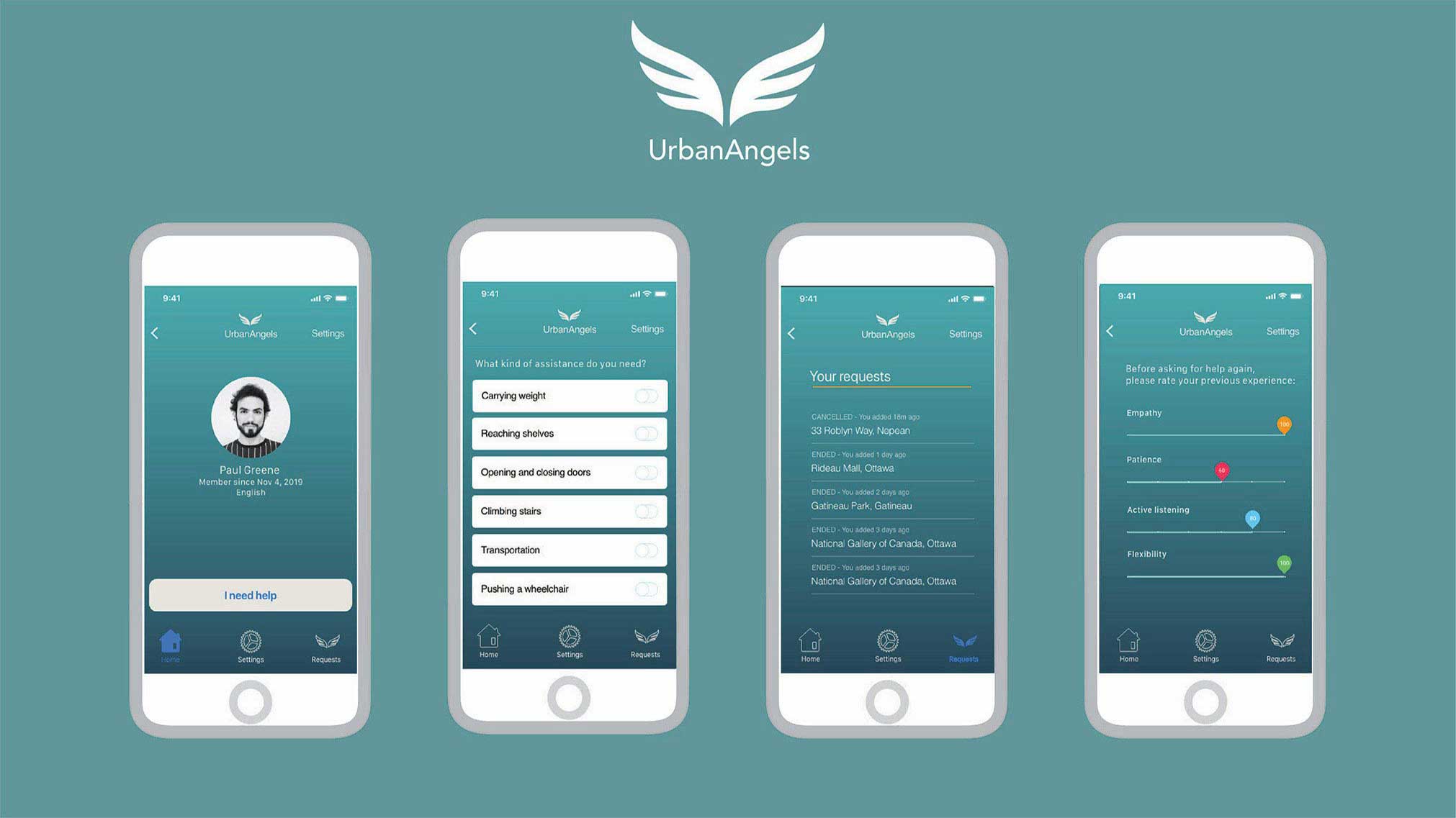 Urban Angels is a fictitious app  that connects disabled people with volunteers. Users can ask for physical help when they are in need.
